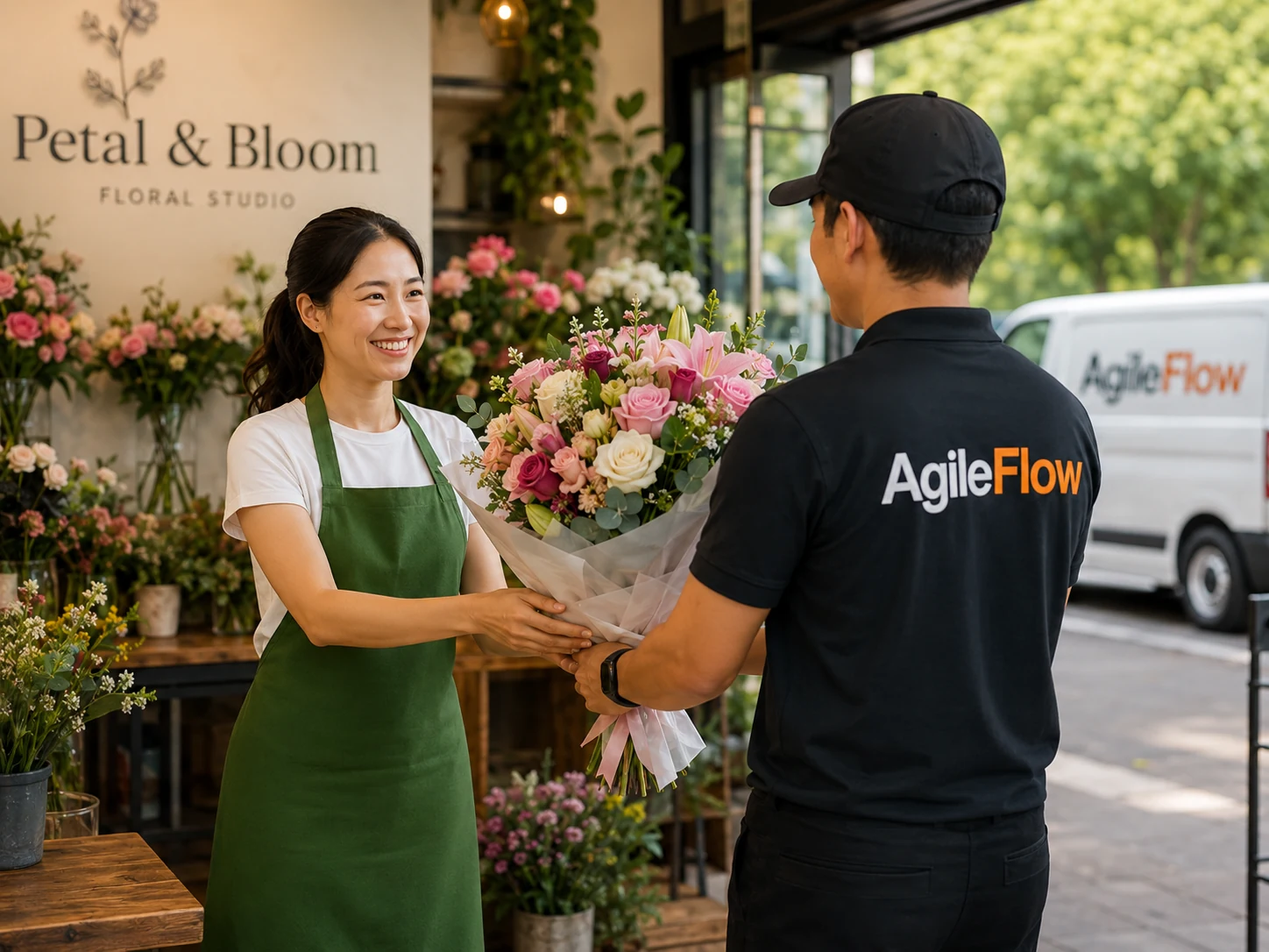 AgileFlow delivery driver collecting flowers from a florist